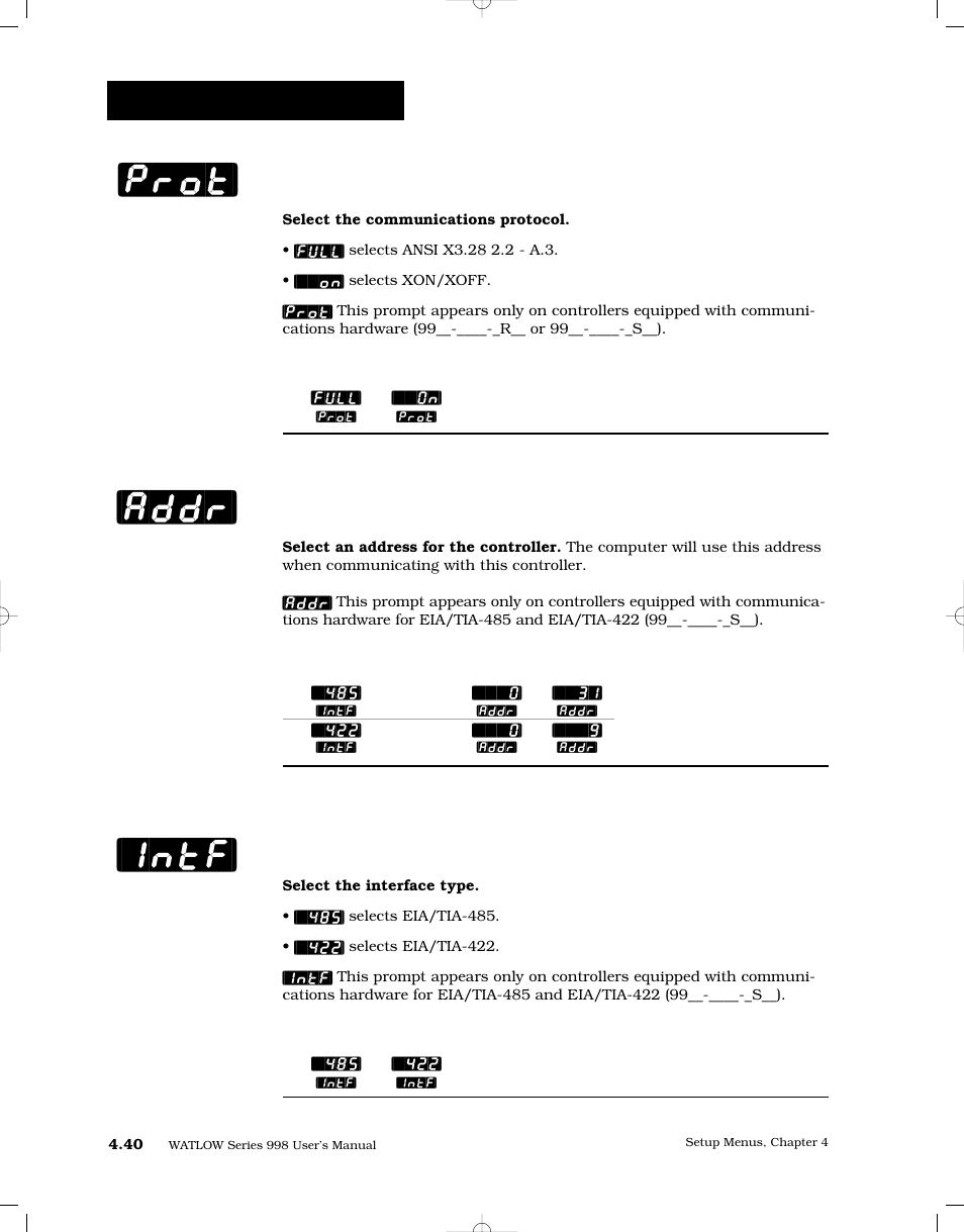 Protocol type, Address, Interface type | Addr] [intf] [prot, Setup-communications | Watlow Series 998 User Manual | Page 68 / 126