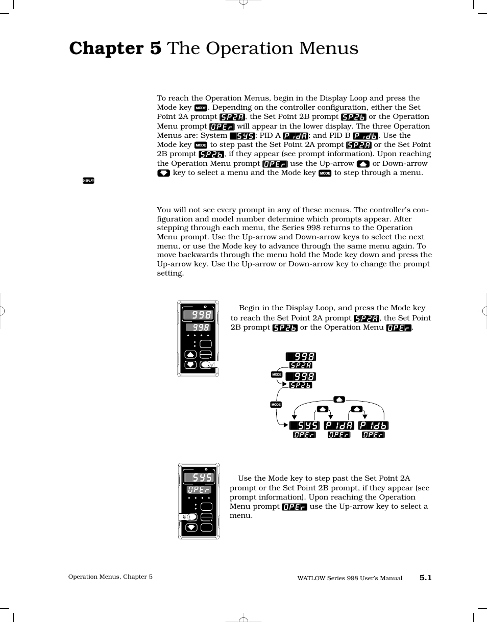 Chapter 5 the operation menus, Navigating, Chapter 5 the operation menus 5.1 | Navigating the operation menus, Pida, Pidb, Oper | Watlow Series 998 User Manual | Page 69 / 126