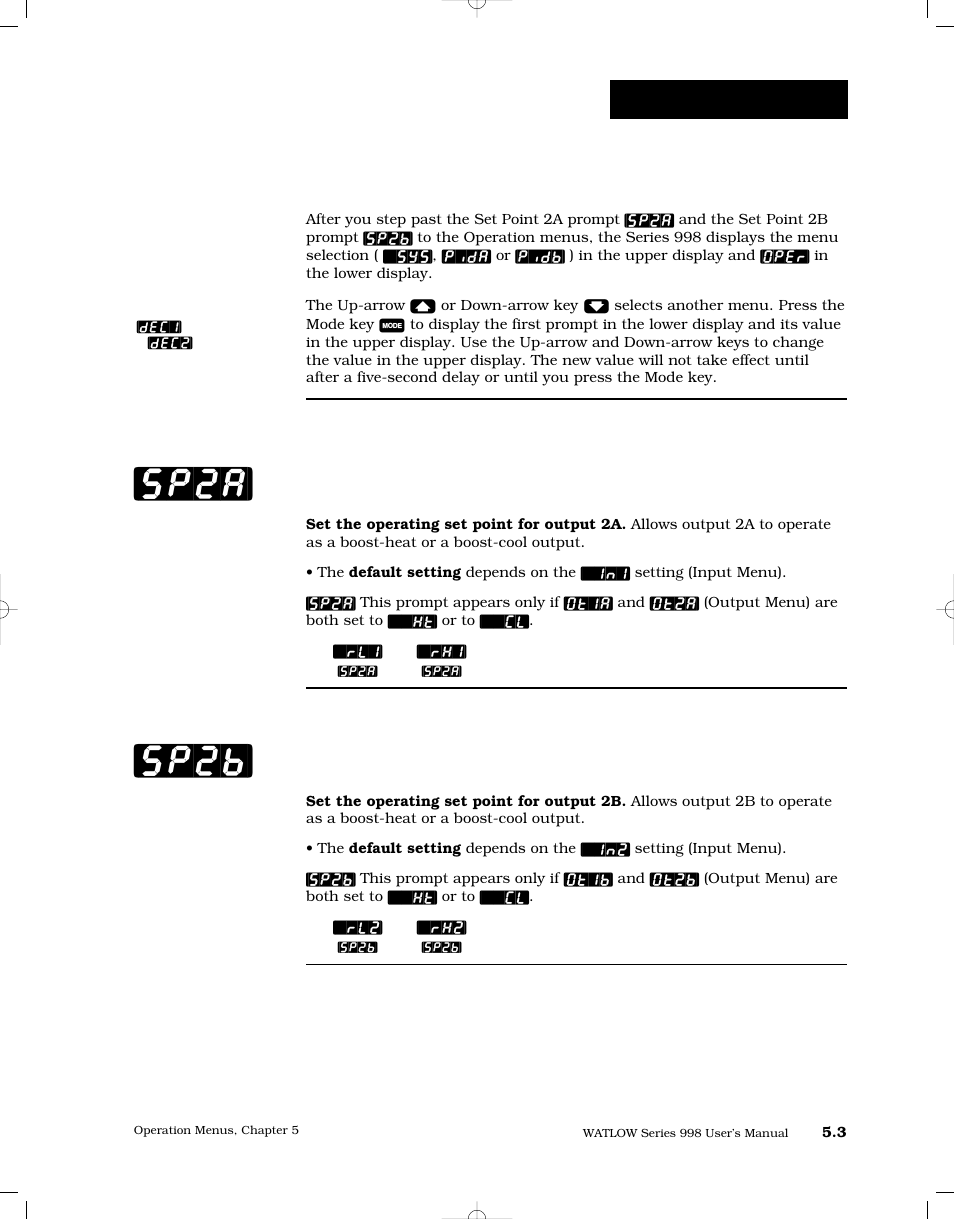 System prompts, Set point 2a, Set point 2b | The set point menu, Sp2a] [sp2b, Operation-system | Watlow Series 998 User Manual | Page 71 / 126