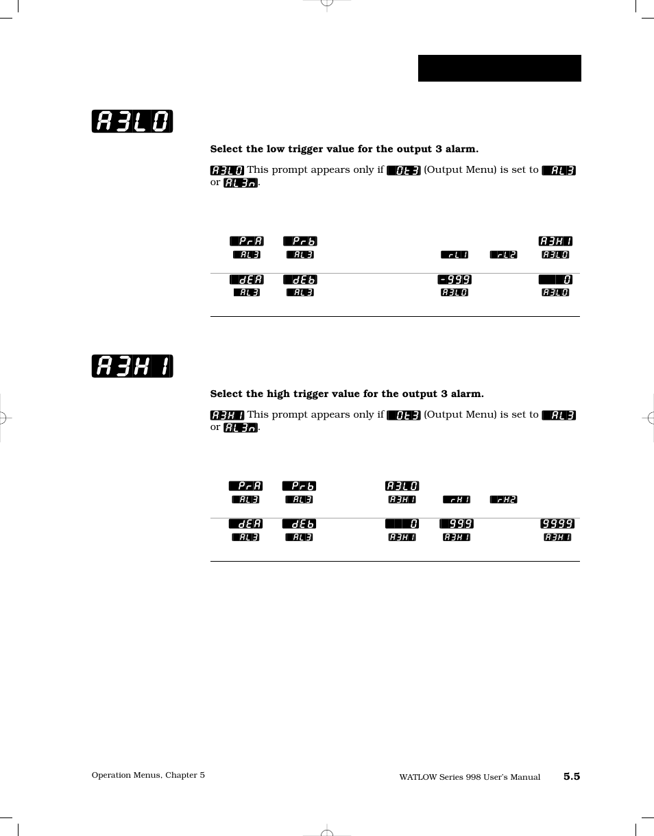 Alarm 3 low, Alarm 3 high, A3hi] [a3lo | Operation-system | Watlow Series 998 User Manual | Page 73 / 126