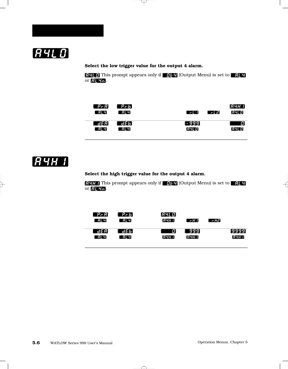 Alarm 4 low, Alarm 4 high, A4hi] [a4lo | Operation-system | Watlow Series 998 User Manual | Page 74 / 126