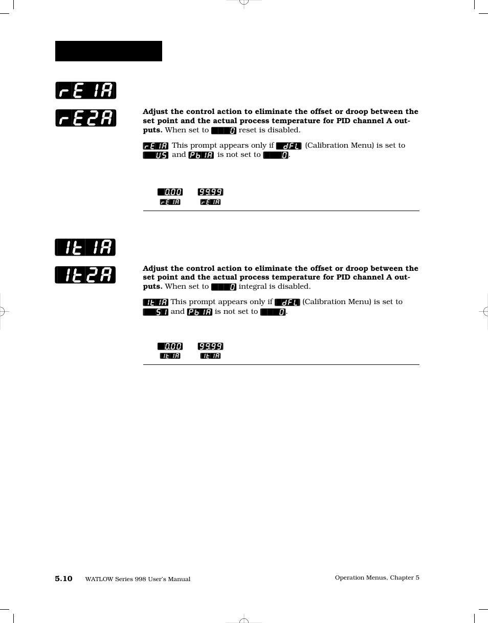 Reset, output 1a or 2a, Integral, output 1a or 2a, Operation-pid a | Watlow Series 998 User Manual | Page 78 / 126