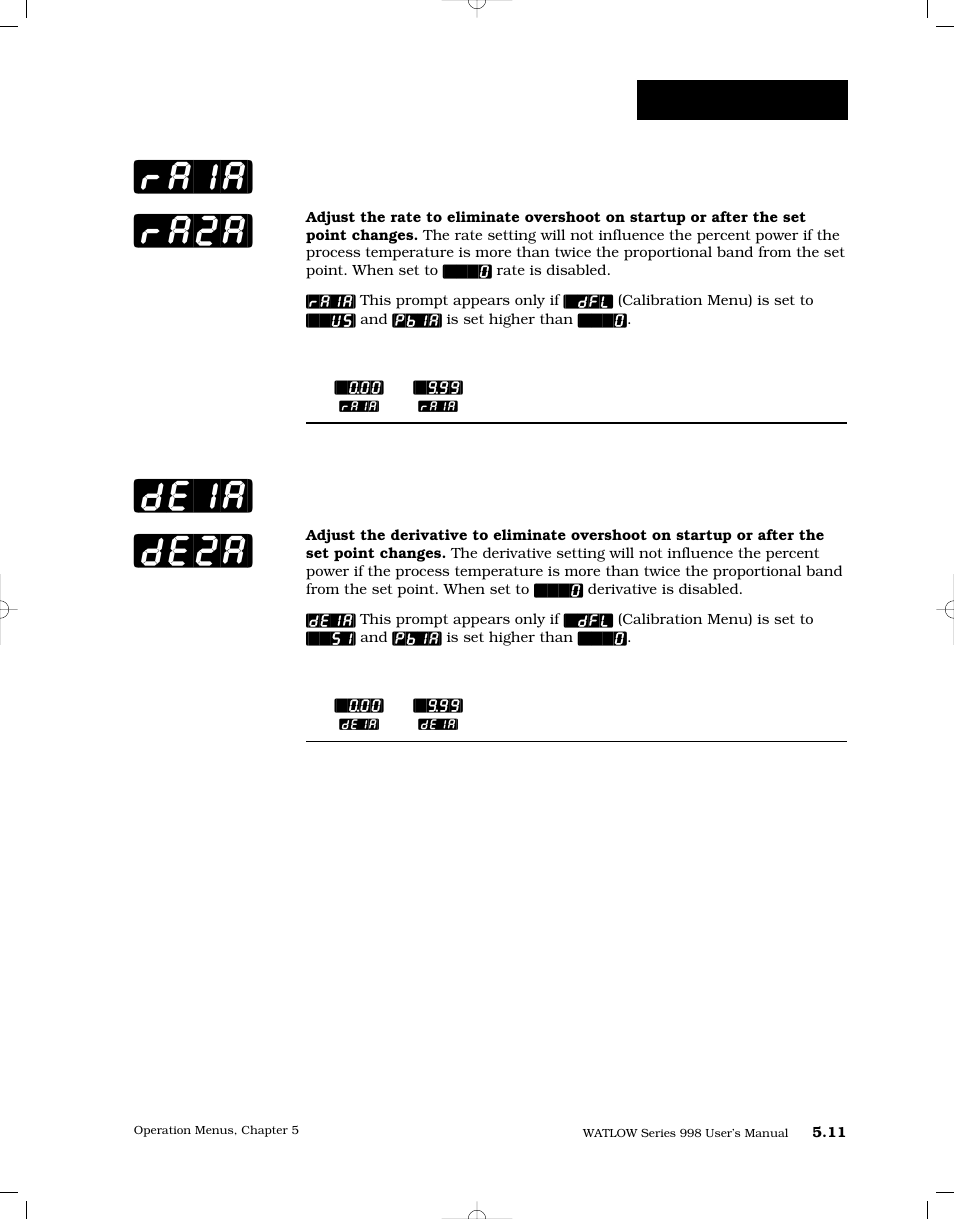 Rate, output 1a or 2a, Derivative, output 1a or 2a, Ra1a] [ra2a] [de1a] [de2a | Operation-pid a | Watlow Series 998 User Manual | Page 79 / 126