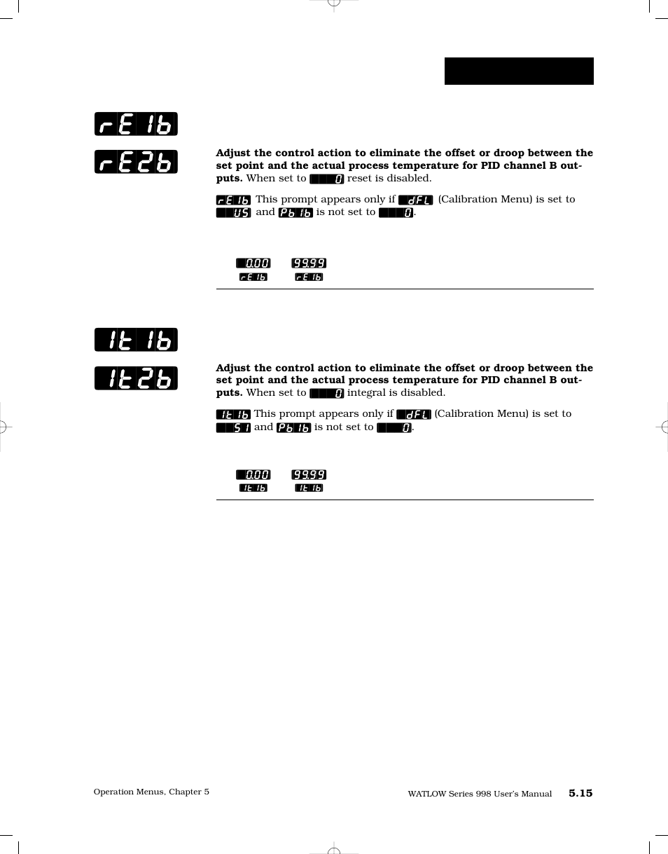 Reset, output 1b or 2b, Integral, output 1b or 2b, Re1b] [re2b] [it1b] [it2b | Operation-pid b | Watlow Series 998 User Manual | Page 83 / 126