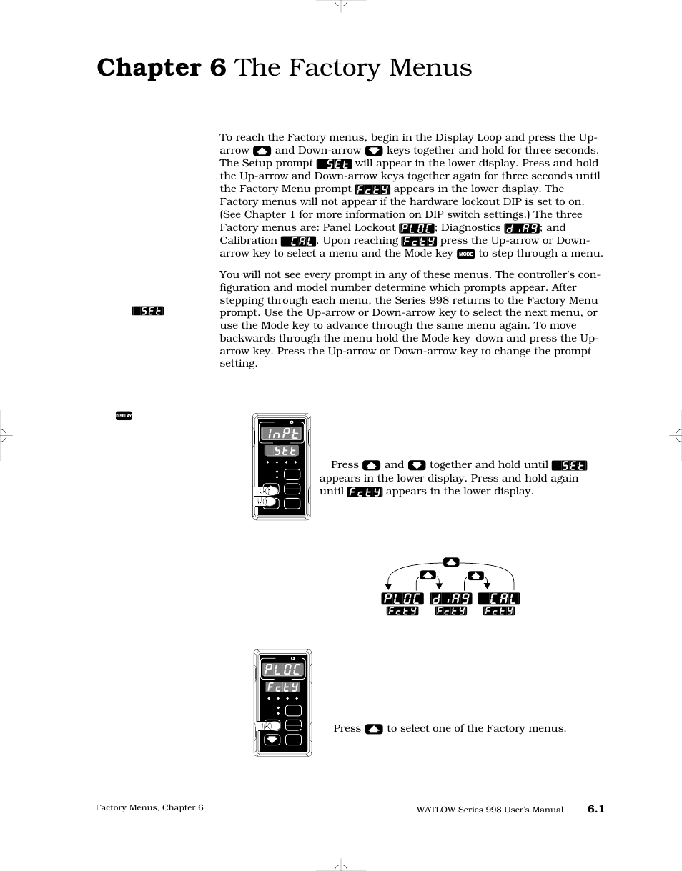 Chapter 6 the factory menus, Navigating, Chapter 6 the factory menus 6.1 | Navigating the factory menus, Inpt, Ploc, Diag, Fcty | Watlow Series 998 User Manual | Page 87 / 126