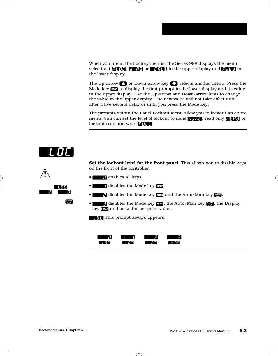 Panel lockout prompts, Front panel lockout, Factory-panel lockout | Watlow Series 998 User Manual | Page 89 / 126