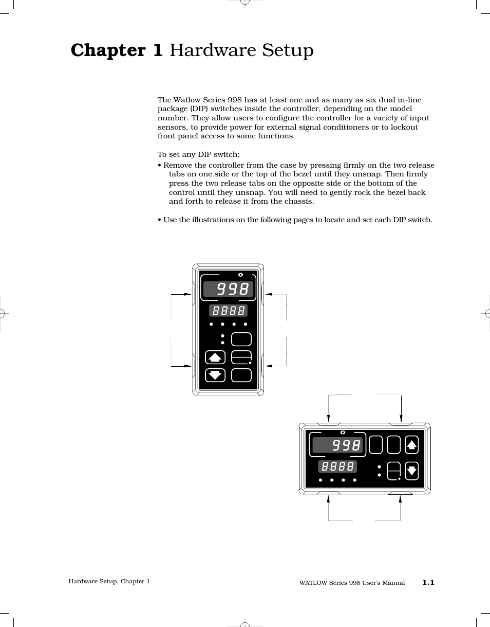 Chapter 1 hardware setup, Chapter 1 hardware setup 1.1, Dip switch locations and functions | Watlow Series 998 User Manual | Page 9 / 126