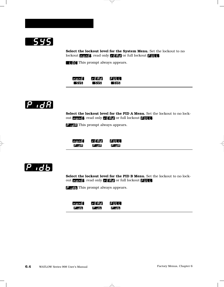 System menu lockout, Pid a menu lockout, Pid b menu lockout | Sys] [pida] [pidb, Factory-panel lockout | Watlow Series 998 User Manual | Page 90 / 126