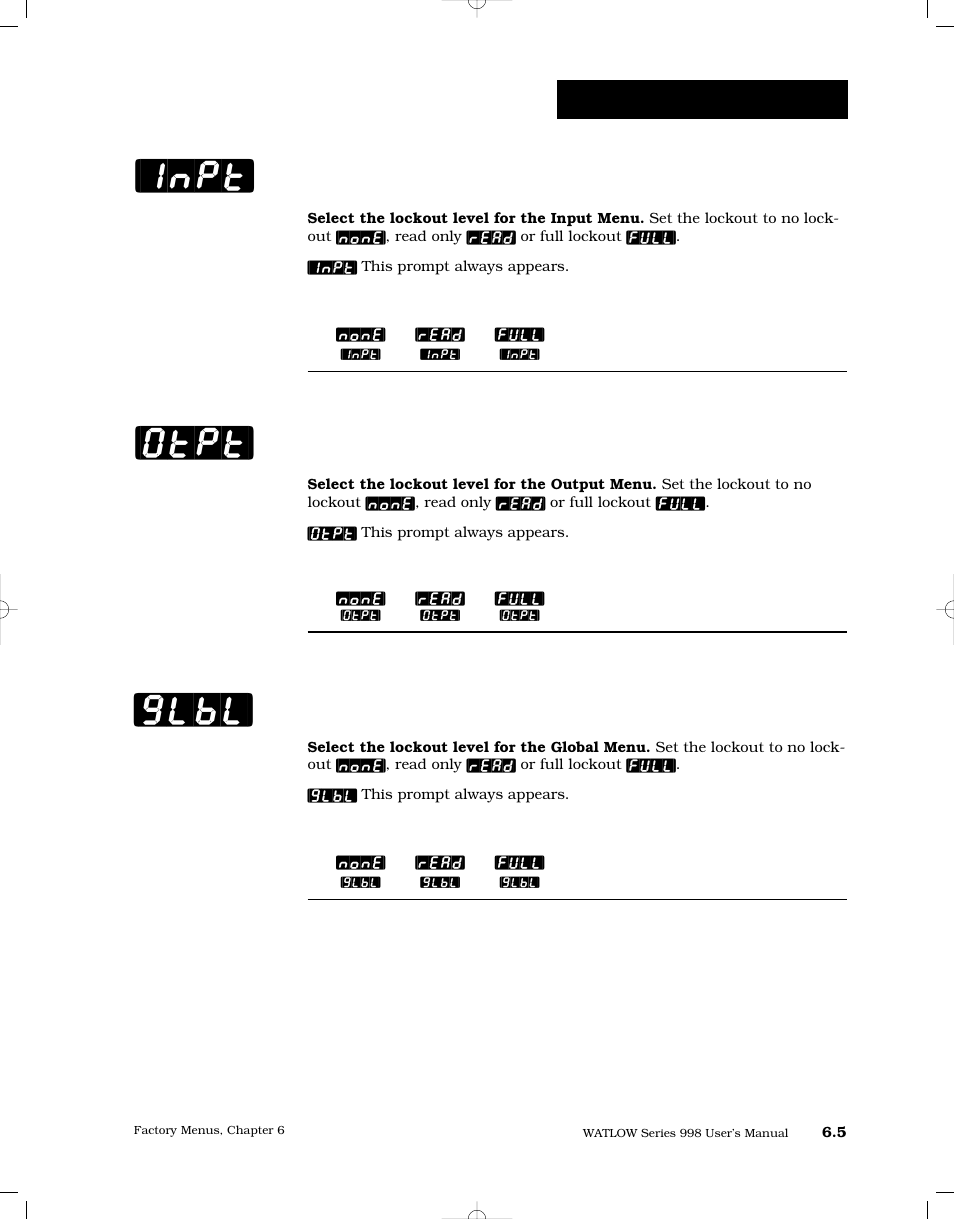 Input menu lockout, Output menu lockout, Global menu lockout | Inpt] [otpt] [glbl, Factory-panel lockout | Watlow Series 998 User Manual | Page 91 / 126