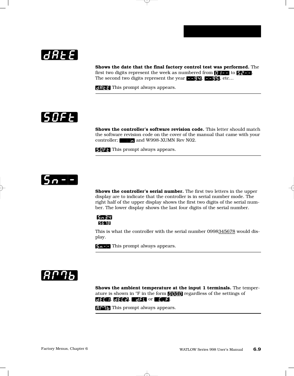 Factory ship date, Software revision, Serial number | Ambient temperature, Date] [soft] [sn--] [amb, Factory-diagnostics | Watlow Series 998 User Manual | Page 95 / 126