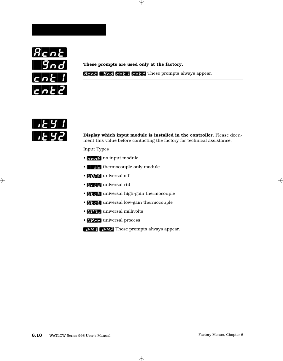 Factory use only, Inputs 1 and 2 module types, Acnt] [`gnd] [cnt1] [cnt2] [ity1] [ity2 | Factory-diagnostics | Watlow Series 998 User Manual | Page 96 / 126