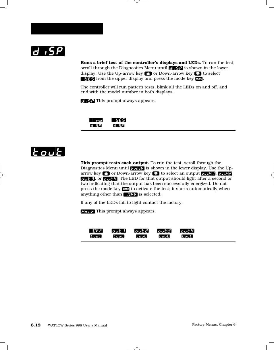 Test displays, Test outputs, Disp] [tout | Factory-diagnostics | Watlow Series 998 User Manual | Page 98 / 126