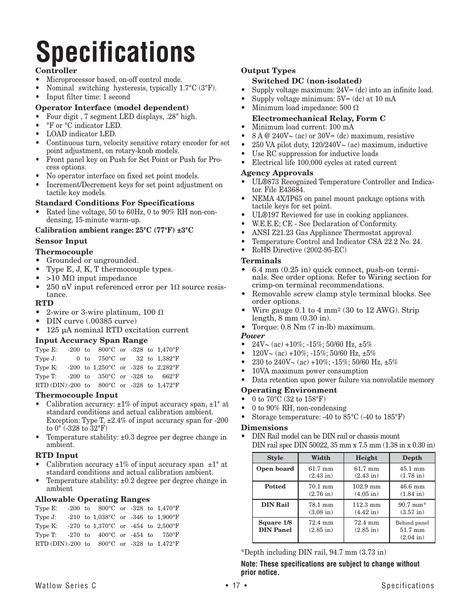 Specifications | Watlow Series TM User Manual | Page 19 / 25