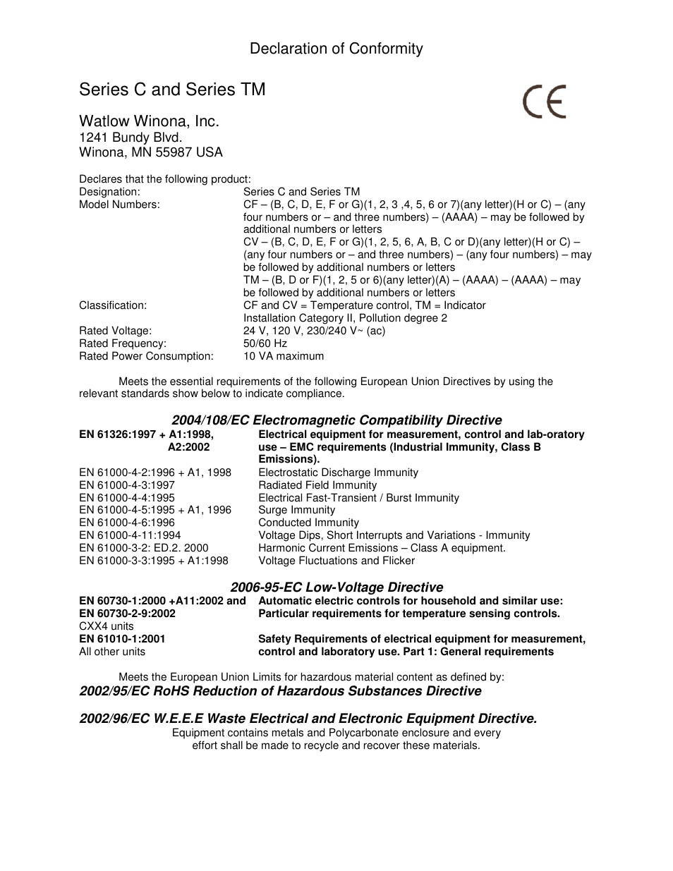 Series c and series tm, Declaration of conformity, Watlow winona, inc | Watlow Series TM User Manual | Page 23 / 25