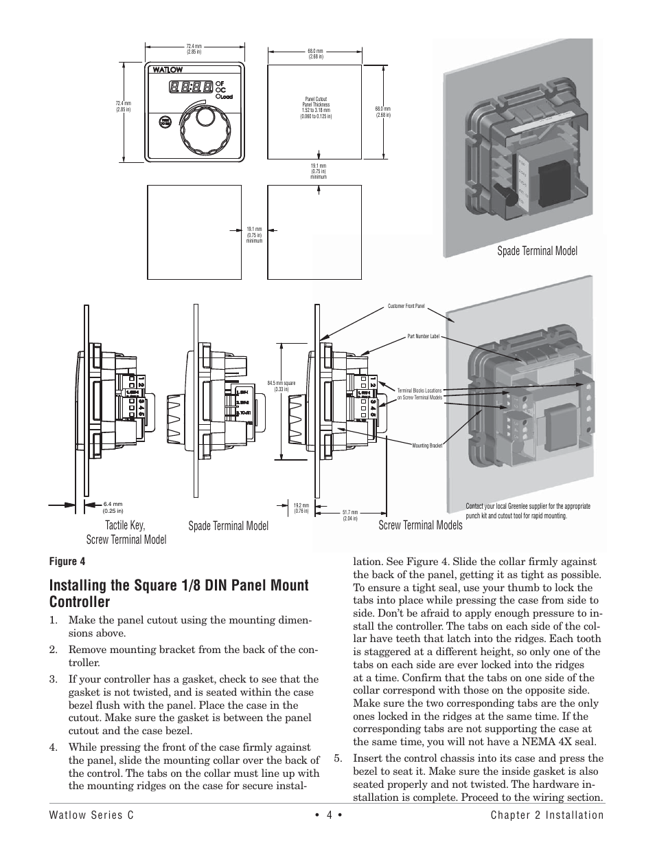 Spade terminal model, Screw terminal models spade terminal model, Tactile key, screw terminal model | Watlow Series TM User Manual | Page 6 / 25