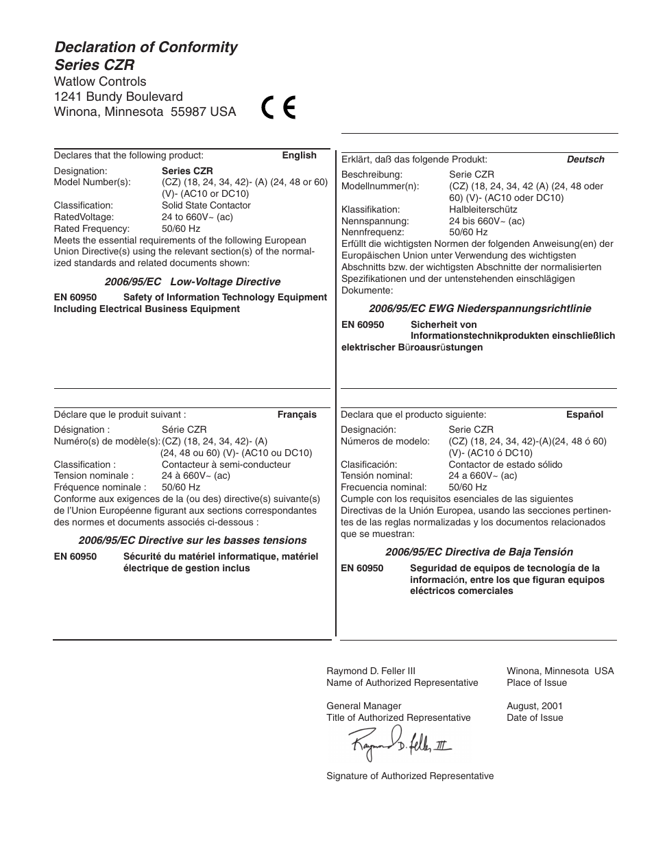 Declaration of conformity series czr | Watlow Series CZR User Manual | Page 3 / 3