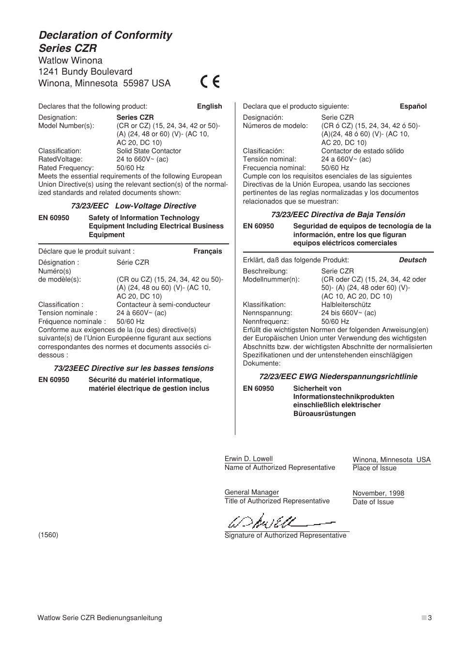 Declaration of conformity, Declaration of conformity series czr | Watlow Series CZR User Manual | Page 3 / 4