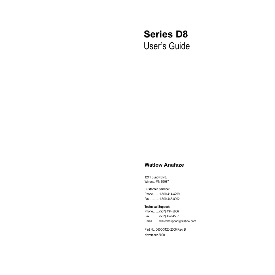 Watlow Series D8 User Manual | 232 pages