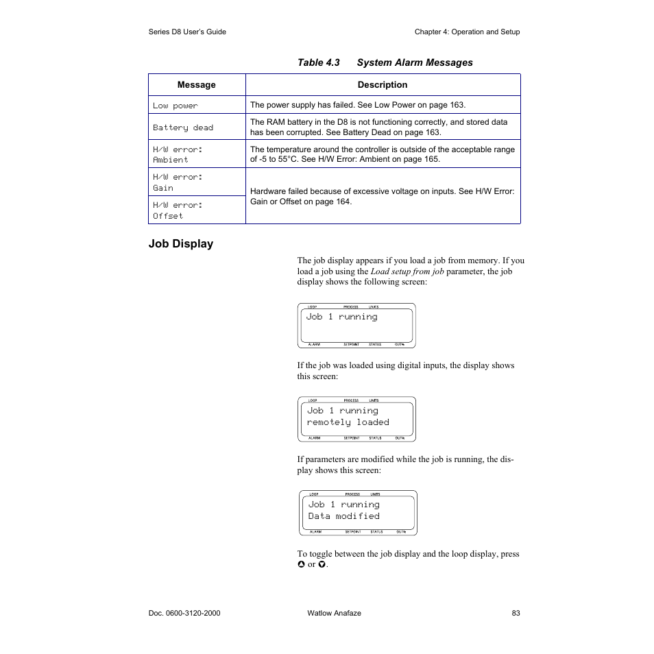 Job display, Job display 83, Table 4.3—system alarm messages 83 | Watlow Series D8 User Manual | Page 101 / 232