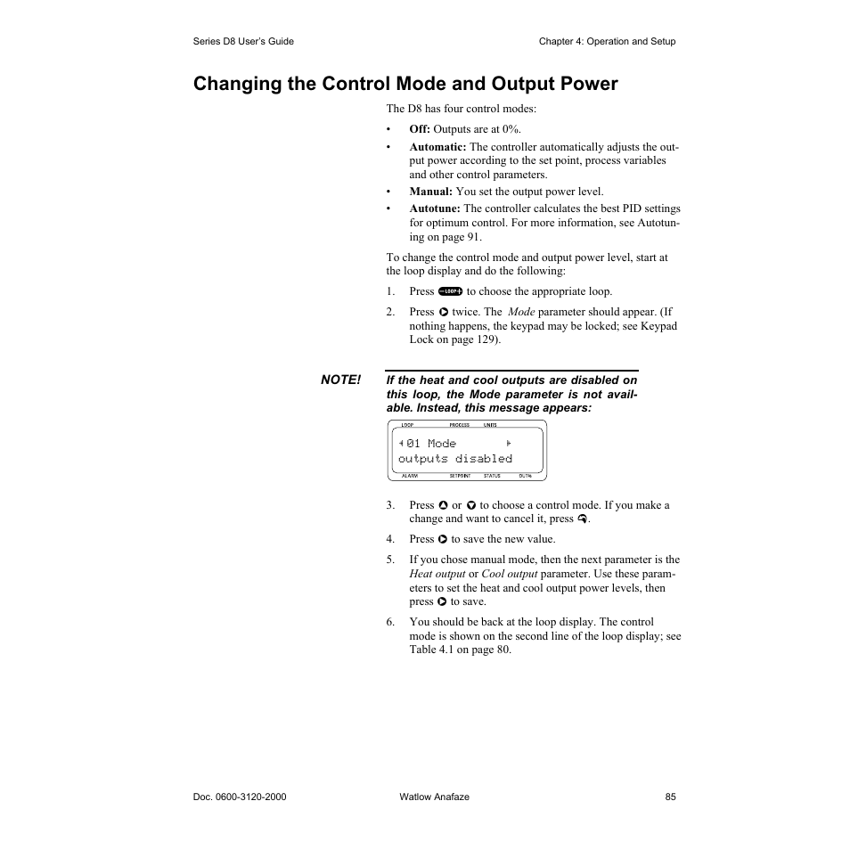 Changing the control mode and output power, Changing the control mode and output power 85 | Watlow Series D8 User Manual | Page 103 / 232