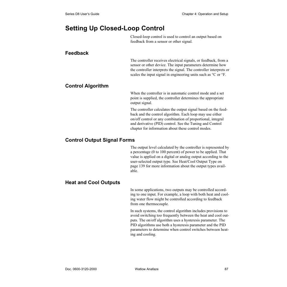 Setting up closed-loop control, Feedback, Control algorithm | Control output signal forms, Heat and cool outputs, Setting up closed-loop control 87, Feedback 87, Control algorithm 87, Control output signal forms 87, Heat and cool outputs 87 | Watlow Series D8 User Manual | Page 105 / 232