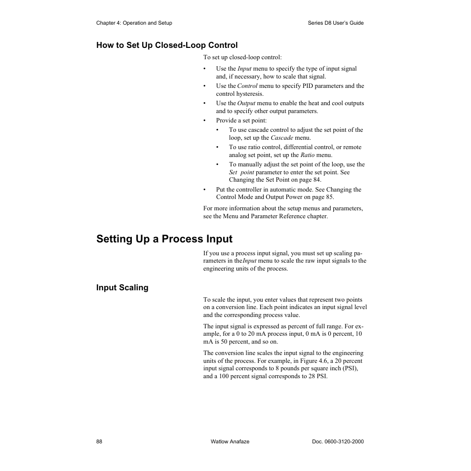 How to set up closed-loop control, Setting up a process input, Input scaling | How to set up closed-loop control 88, Setting up a process input 88, Input scaling 88 | Watlow Series D8 User Manual | Page 106 / 232