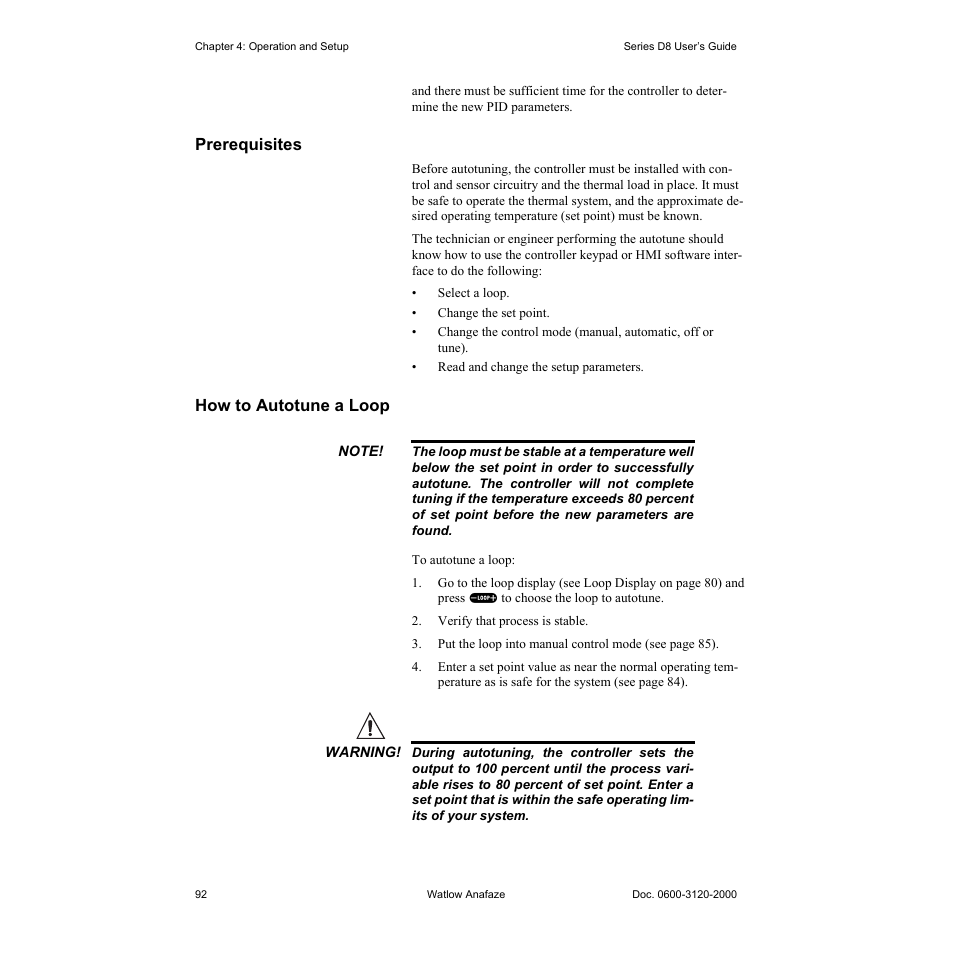 Prerequisites, How to autotune a loop, Prerequisites 92 | How to autotune a loop 92 | Watlow Series D8 User Manual | Page 110 / 232