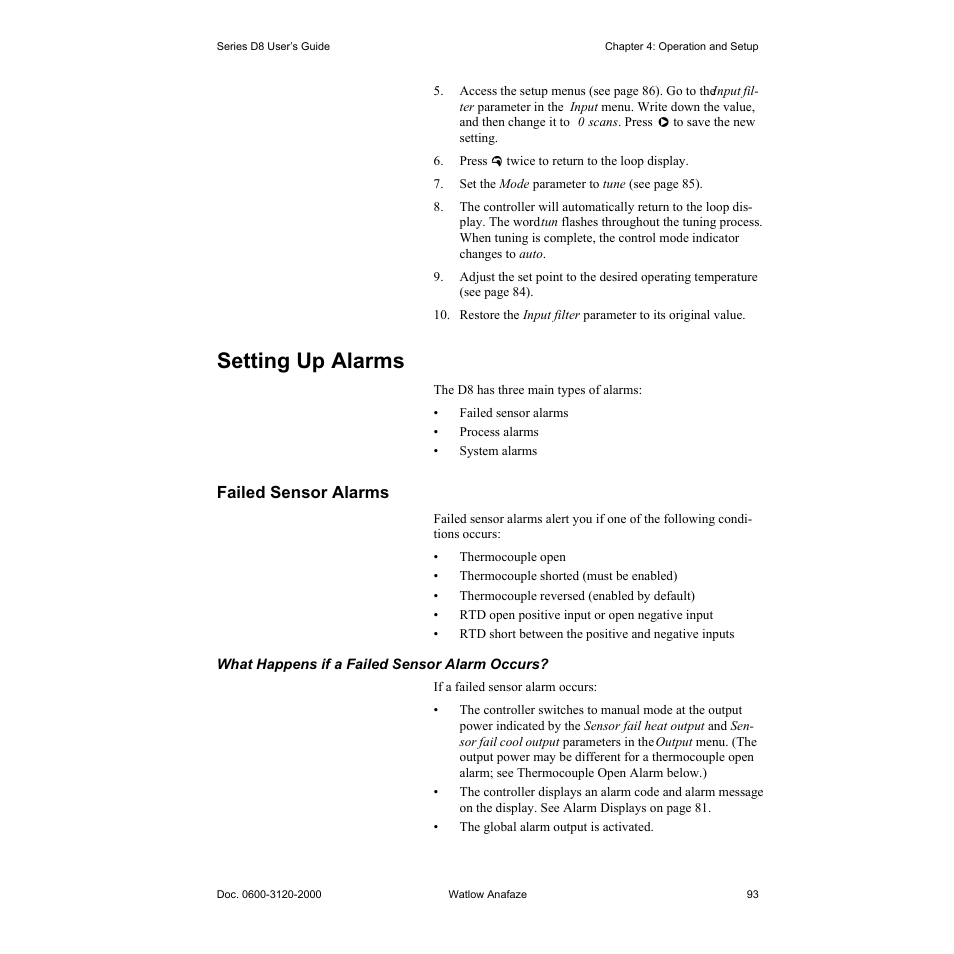 Setting up alarms, Failed sensor alarms, Setting up alarms 93 | Failed sensor alarms 93 | Watlow Series D8 User Manual | Page 111 / 232