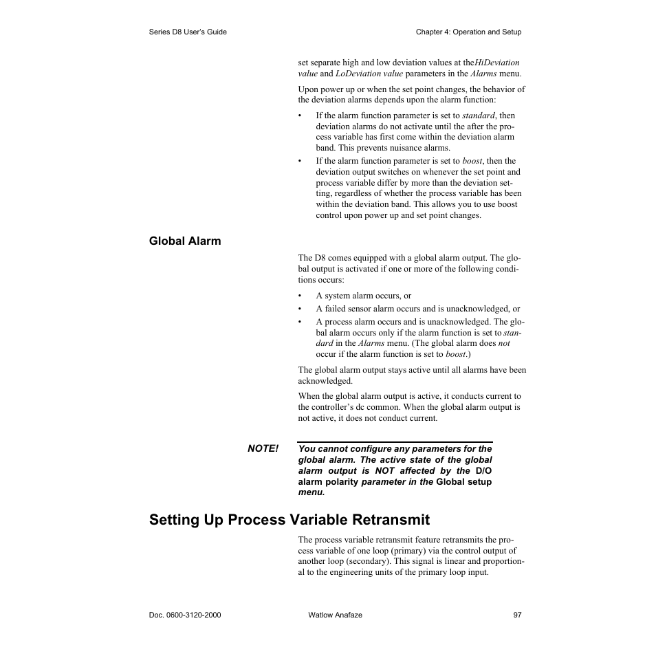 Global alarm, Setting up process variable retransmit, Global alarm 97 | Setting up process variable retransmit 97 | Watlow Series D8 User Manual | Page 115 / 232