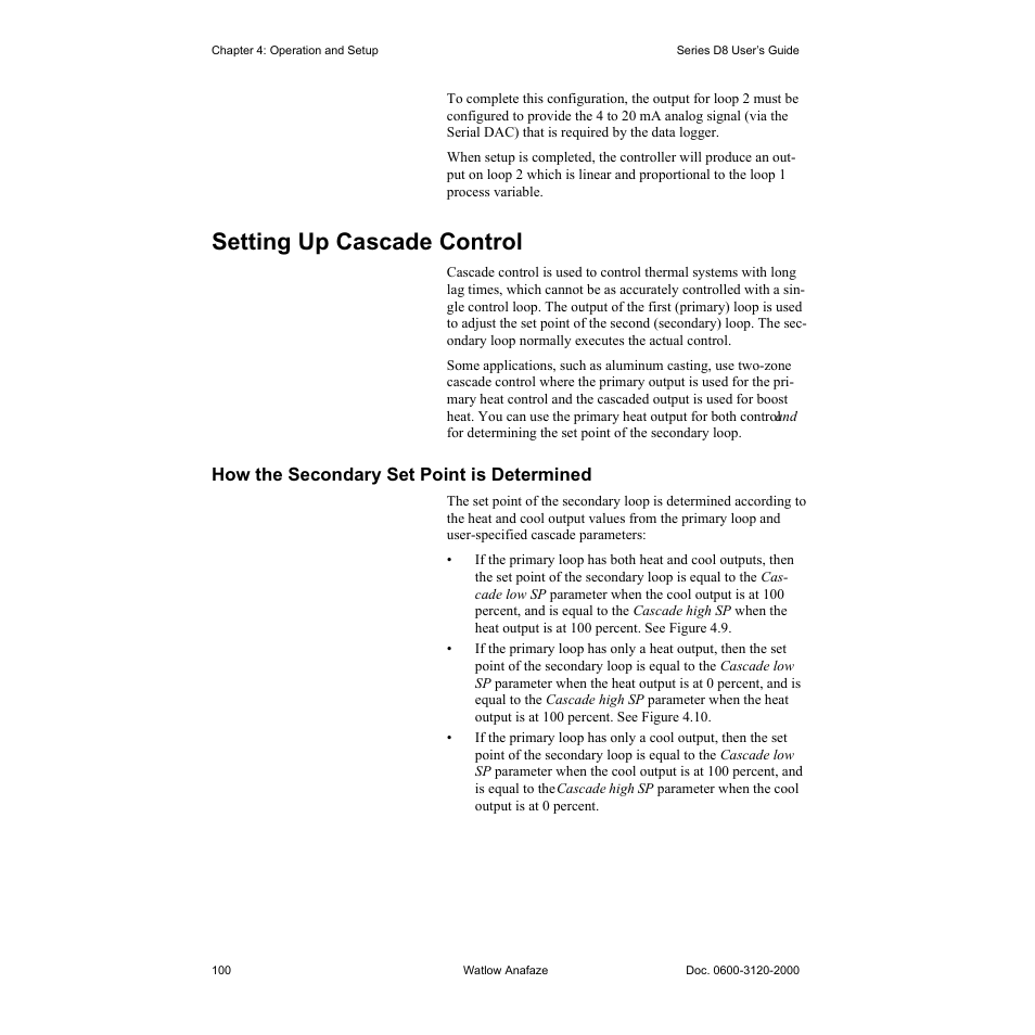 Setting up cascade control, How the secondary set point is determined, Setting up cascade control 100 | How the secondary set point is determined 100 | Watlow Series D8 User Manual | Page 118 / 232