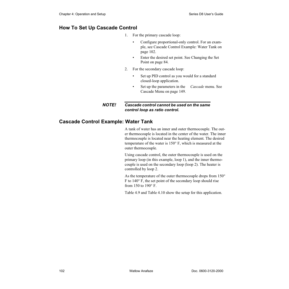 How to set up cascade control, Cascade control example: water tank, How to set up cascade control 102 | Cascade control example: water tank 102 | Watlow Series D8 User Manual | Page 120 / 232