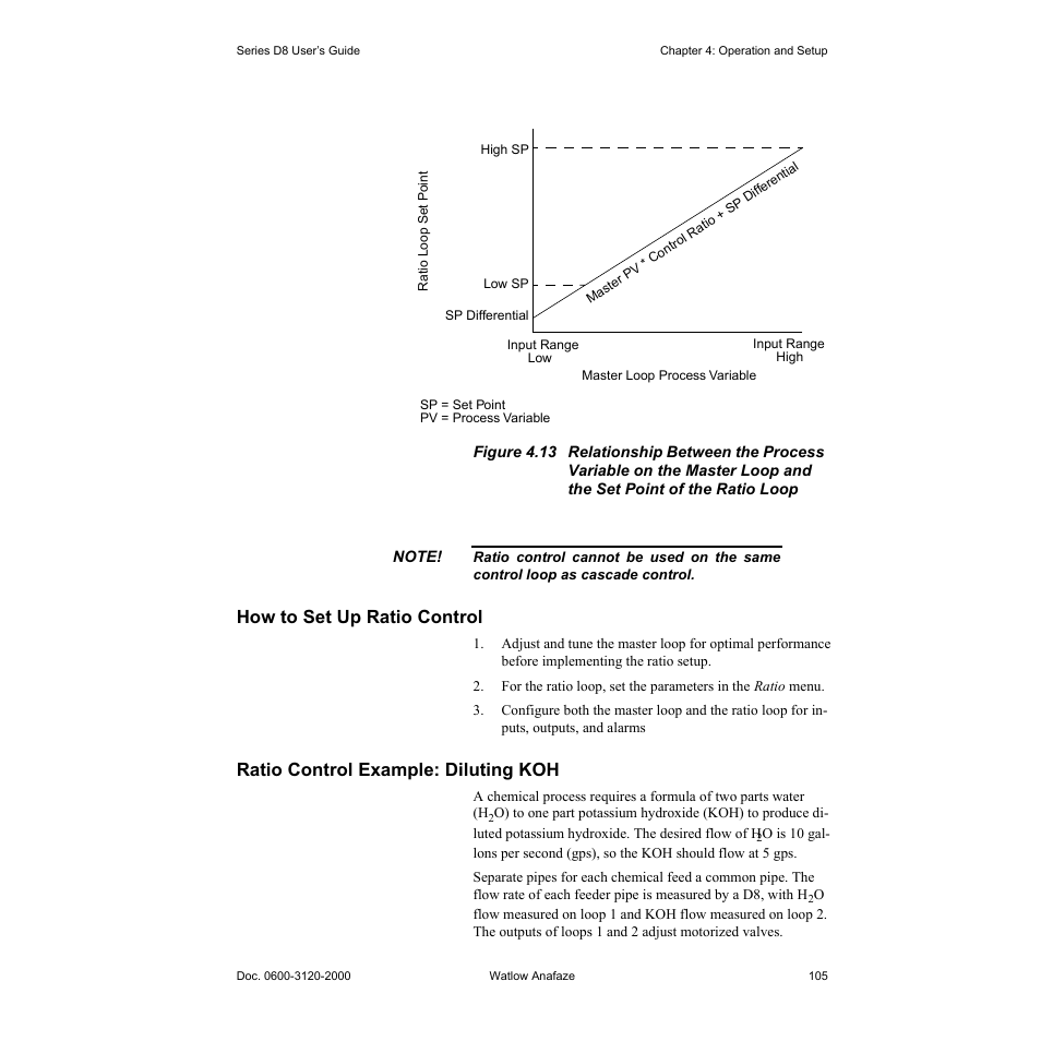 How to set up ratio control, Ratio control example: diluting koh, How to set up ratio control 105 | Ratio control example: diluting koh 105, Set point of the ratio loop 105 | Watlow Series D8 User Manual | Page 123 / 232