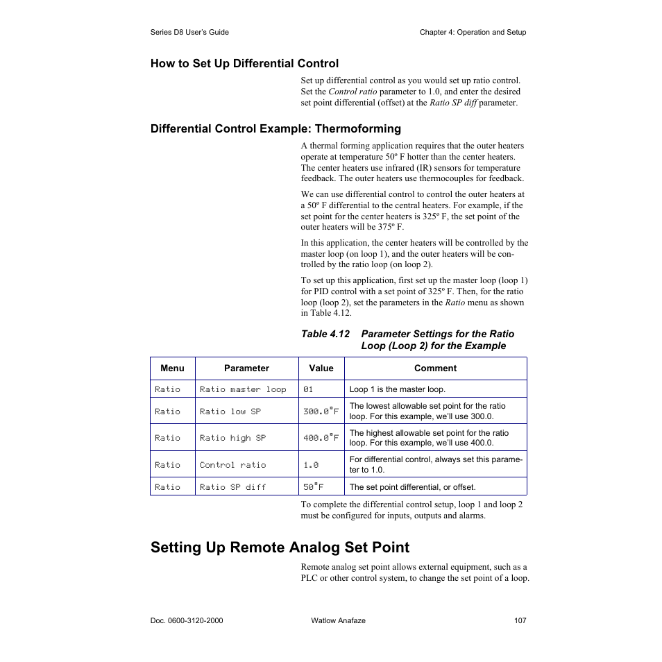 How to set up differential control, Differential control example: thermoforming, Setting up remote analog set point | How to set up differential control 107, Differential control example: thermoforming 107, Setting up remote analog set point 107 | Watlow Series D8 User Manual | Page 125 / 232