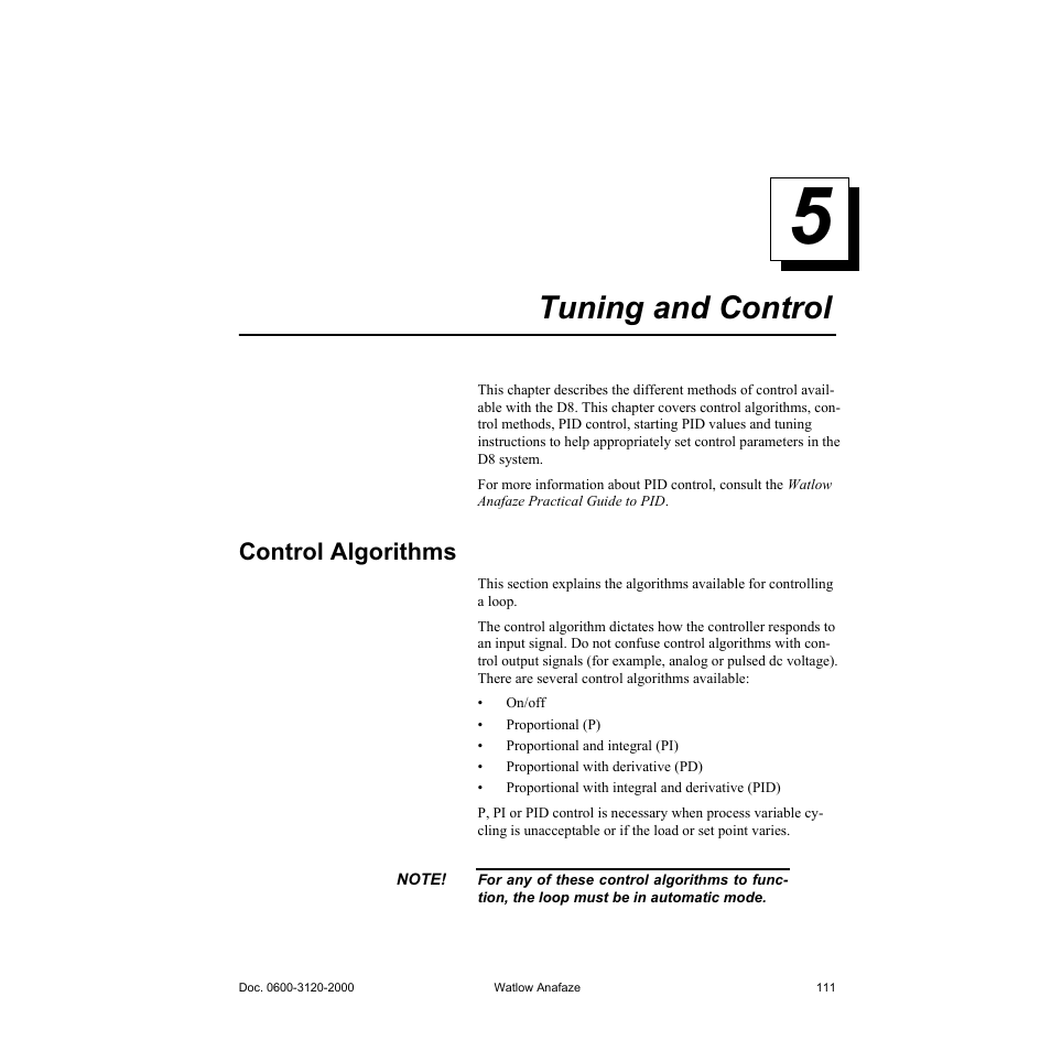 Tuning and control, Control algorithms, 5 tuning and control 111 | Control algorithms 111, 5 tuning and control | Watlow Series D8 User Manual | Page 129 / 232
