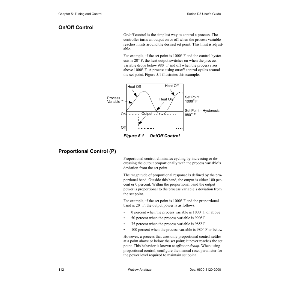 On/off control, Proportional control (p), On/off control 112 | Proportional control (p) 112, Figure 5.1—on/off control 112 | Watlow Series D8 User Manual | Page 130 / 232