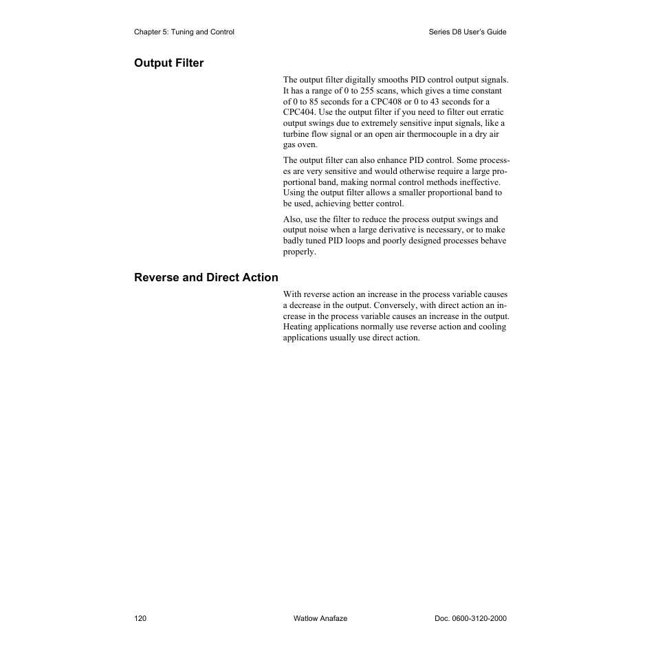 Output filter, Reverse and direct action, Output filter 120 | Reverse and direct action 120 | Watlow Series D8 User Manual | Page 138 / 232