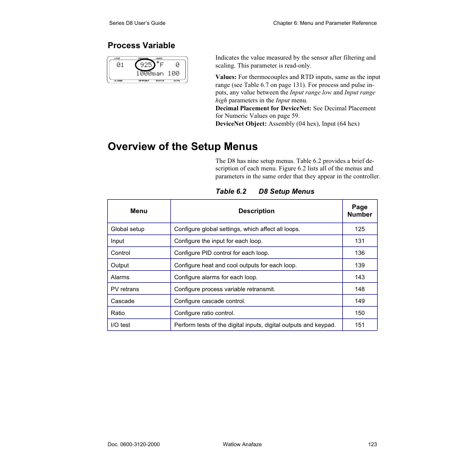 Process variable, Overview of the setup menus, Process variable 123 | Overview of the setup menus 123, Table 6.2—d8 setup menus 123 | Watlow Series D8 User Manual | Page 141 / 232