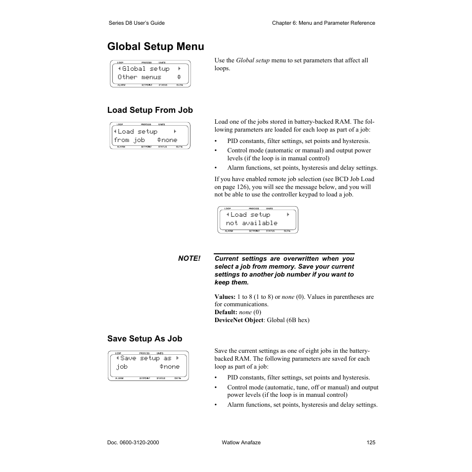 Global setup menu, Load setup from job, Save setup as job | Global setup menu 125, Load setup from job 125, Save setup as job 125 | Watlow Series D8 User Manual | Page 143 / 232