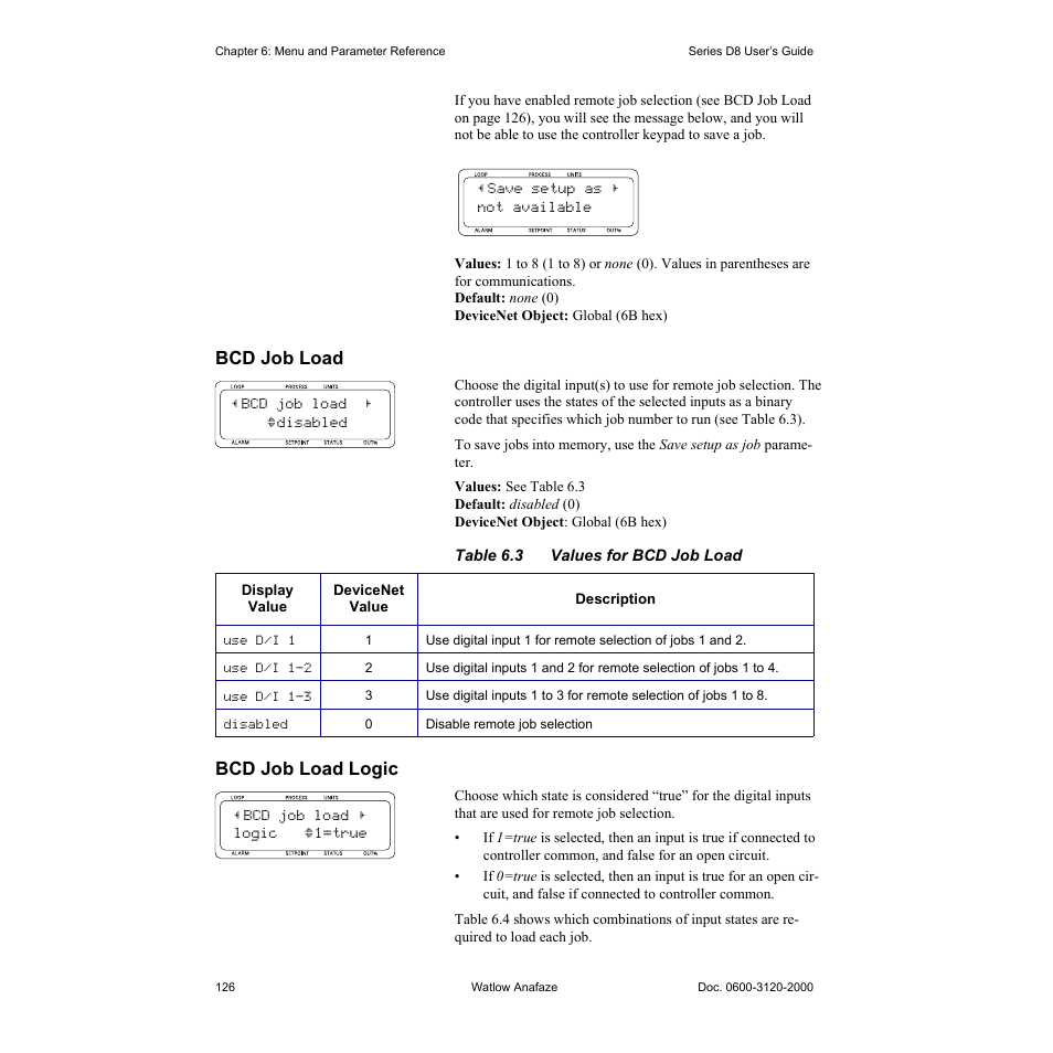 Bcd job load, Bcd job load logic, Bcd job load 126 | Bcd job load logic 126, Table 6.3—values for bcd job load 126 | Watlow Series D8 User Manual | Page 144 / 232