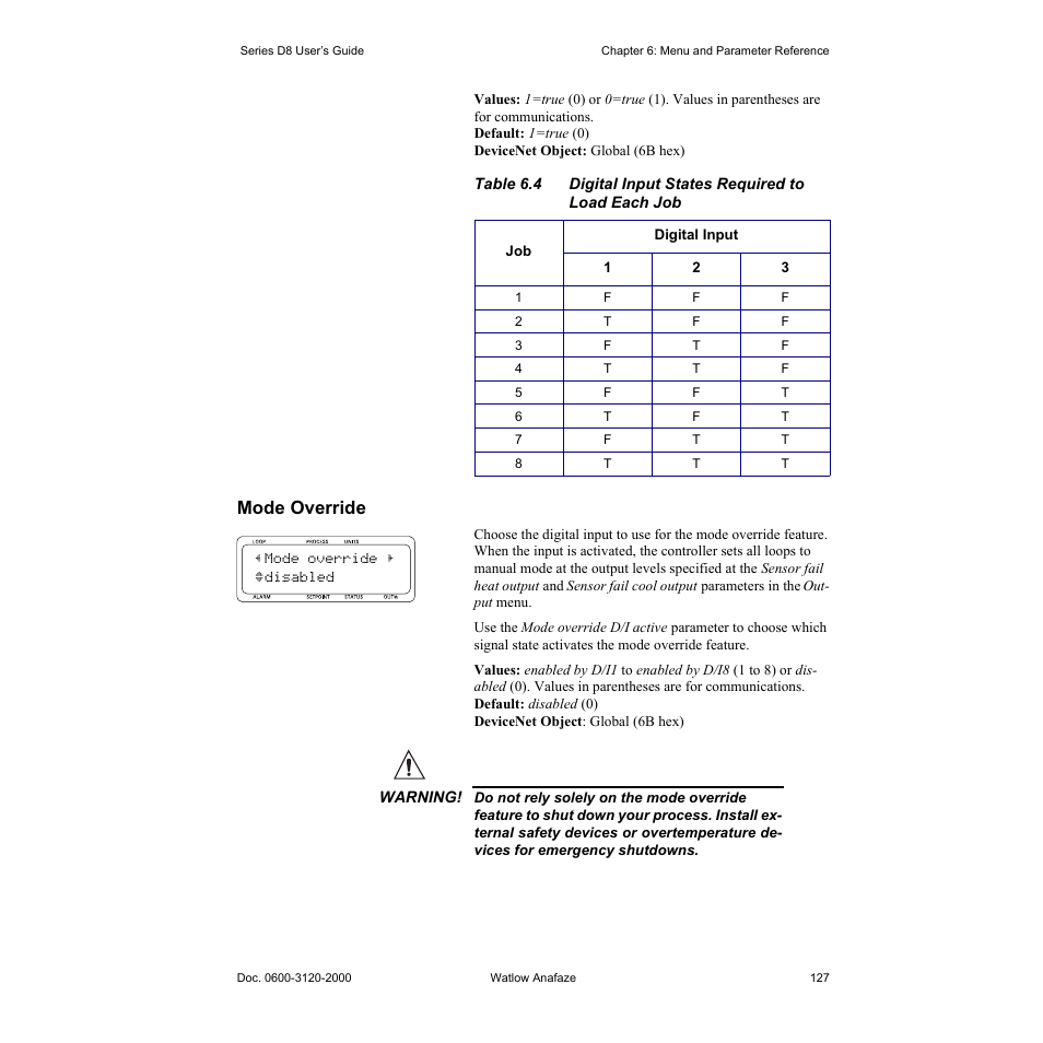 Mode override, Mode override 127 | Watlow Series D8 User Manual | Page 145 / 232