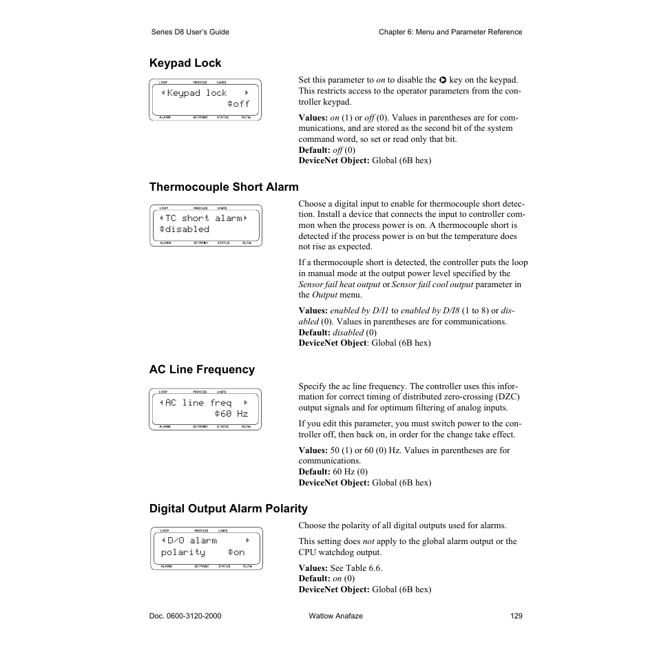 Keypad lock, Thermocouple short alarm, Ac line frequency | Digital output alarm polarity, Keypad lock 129, Thermocouple short alarm 129, Ac line frequency 129, Digital output alarm polarity 129, Ing happens, the keypad may be locked; see keypad | Watlow Series D8 User Manual | Page 147 / 232