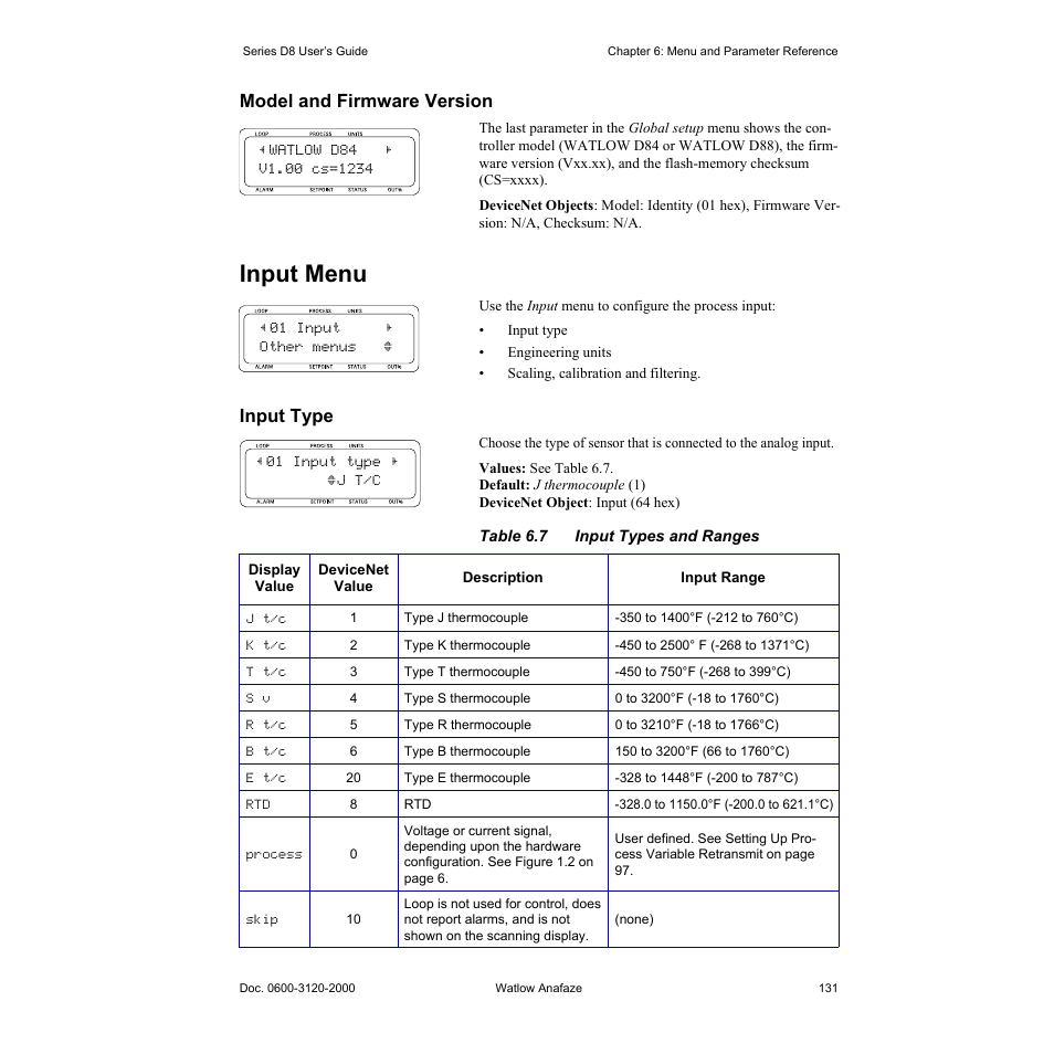 Model and firmware version, Input menu, Input type | Model and firmware version 131, Input menu 131, Input type 131, Table 6.7—input types and ranges 131 | Watlow Series D8 User Manual | Page 149 / 232