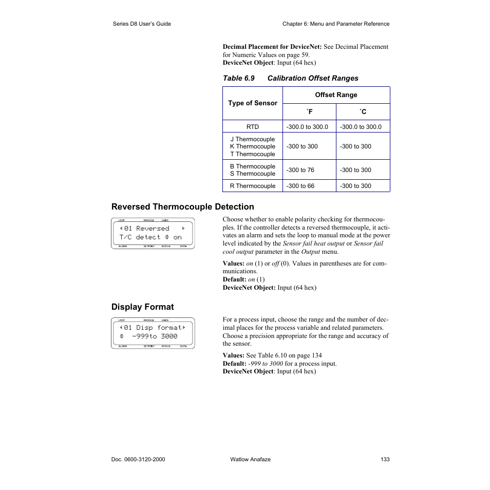 Reversed thermocouple detection, Display format, Reversed thermocouple detection 133 | Display format 133, Table 6.9—calibration offset ranges 133 | Watlow Series D8 User Manual | Page 151 / 232