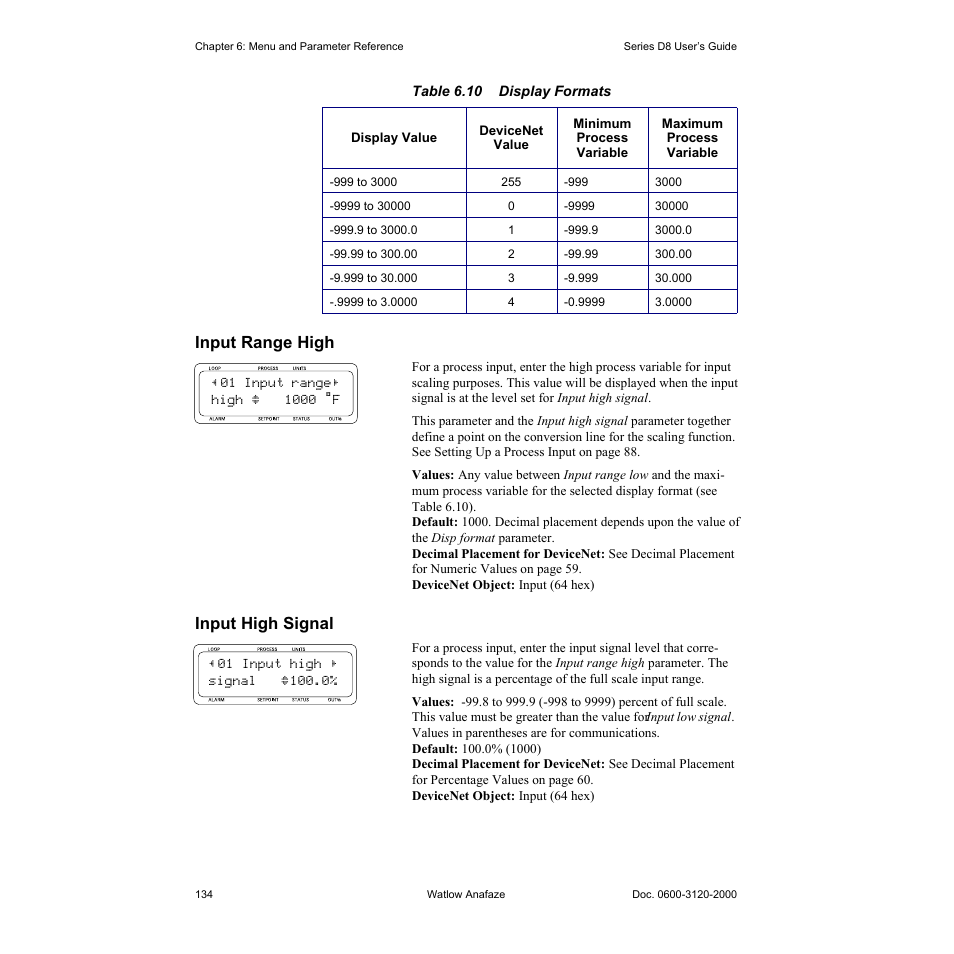 Input range high, Input high signal, Input range high 134 | Input high signal 134, Table 6.10—display formats 134 | Watlow Series D8 User Manual | Page 152 / 232
