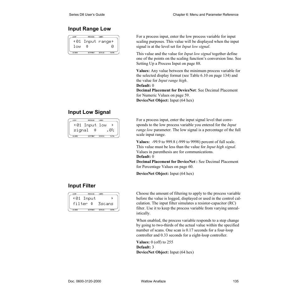 Input range low, Input low signal, Input filter | Input range low 135, Input low signal 135, Input filter 135 | Watlow Series D8 User Manual | Page 153 / 232