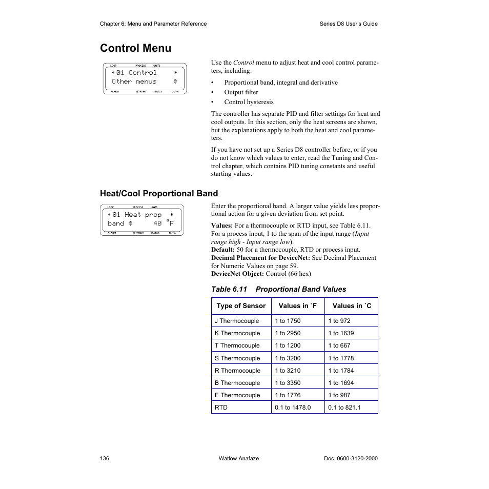 Control menu, Heat/cool proportional band, Control menu 136 | Heat/cool proportional band 136, Table 6.11—proportional band values 136 | Watlow Series D8 User Manual | Page 154 / 232