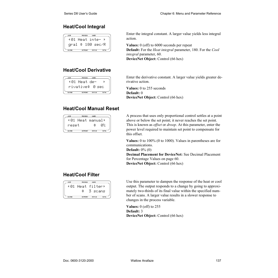 Heat/cool integral, Heat/cool derivative, Heat/cool manual reset | Heat/cool filter, Heat/cool integral 137, Heat/cool derivative 137, Heat/cool manual reset 137, Heat/cool filter 137 | Watlow Series D8 User Manual | Page 155 / 232