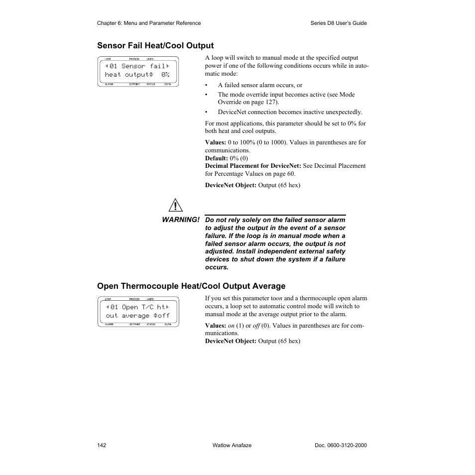 Sensor fail heat/cool output, Open thermocouple heat/cool output average, Sensor fail heat/cool output 142 | Open thermocouple heat/cool output average 142 | Watlow Series D8 User Manual | Page 160 / 232
