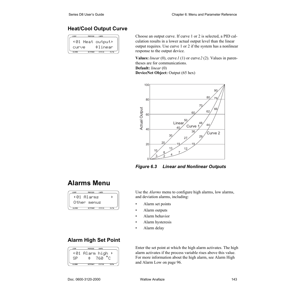 Heat/cool output curve, Alarms menu, Alarm high set point | Heat/cool output curve 143, Alarms menu 143, Alarm high set point 143, Figure 6.3—linear and nonlinear outputs 143 | Watlow Series D8 User Manual | Page 161 / 232
