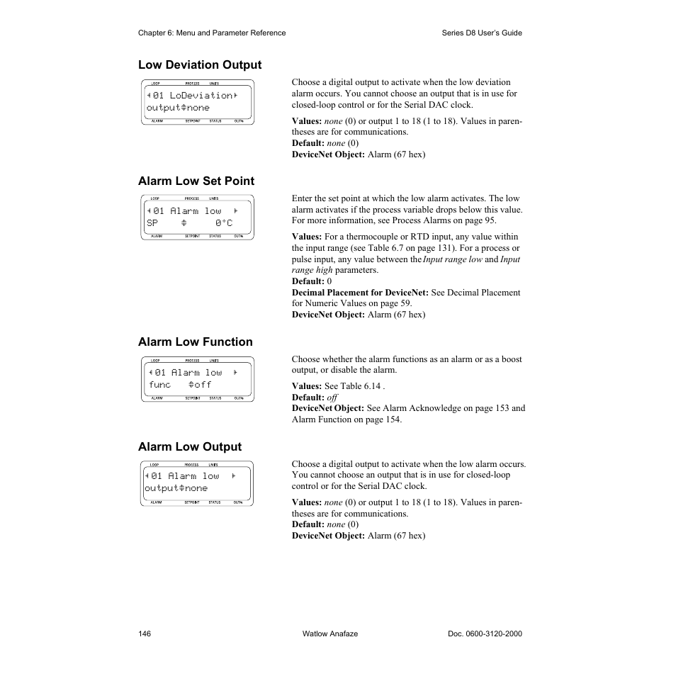 Low deviation output, Alarm low set point, Alarm low function | Alarm low output, Low deviation output 146, Alarm low set point 146, Alarm low function 146, Alarm low output 146 | Watlow Series D8 User Manual | Page 164 / 232